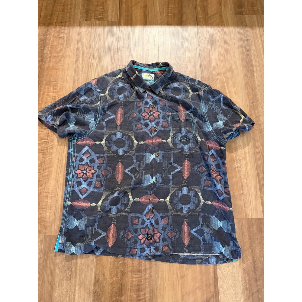 Tommy Bahama Button Up Men XL Blue Geometric Silk‎ Island Modern Fit Shirt